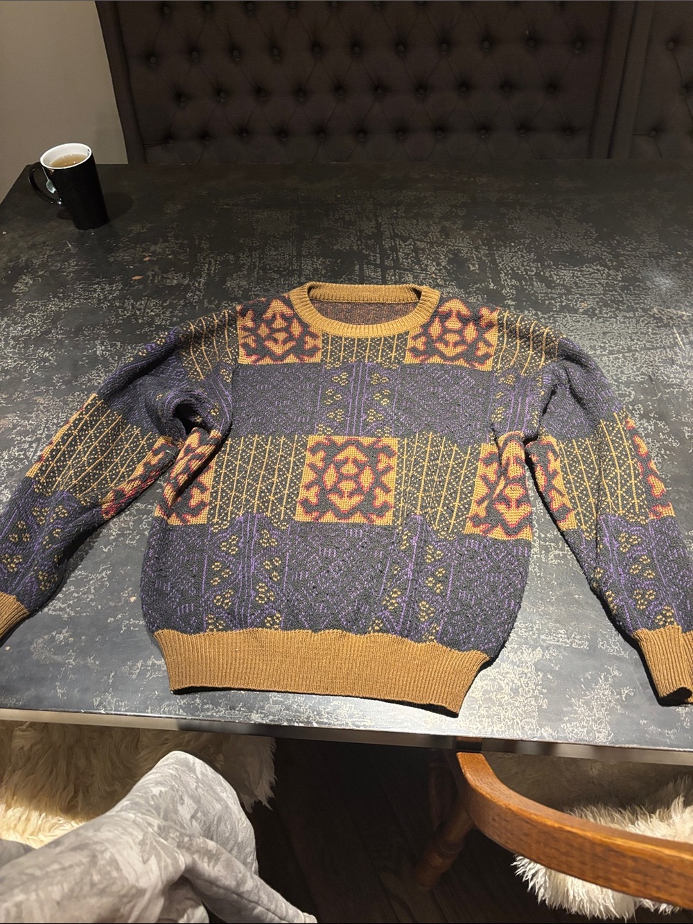 Men's Crewneck Sweater in Navy and Mustard — Geo Knit